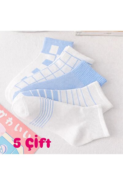 SOCKSHION Women's Blue Patterned Cotton Half-Cone College Socks Set