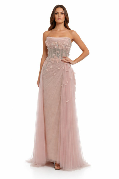 aşkın göksu Pudra çiçek aplikeli taş işlemeli tül detaylı uzun Kadın Abiye