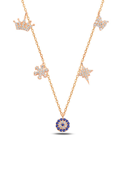 ÇEKİRDEK JEWELRY 925 Ayar Gümüş Nazar Boncuklu & Şans Figürlü Kolye – Taşlı Y...