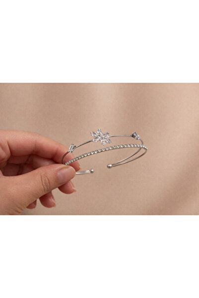 staınless steel Zirkon Çiçek Detaylı Çelik Kelepçe Bileklik