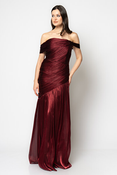 RENGIN Bedeni komple piliseli düşük kollu janjan şifon abiye elbise