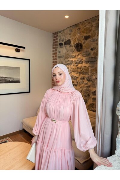 Miraydın Butik Layered Chiffon Dress with Gathered Belt Detail - Pink