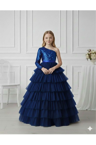 PRİNCESS Girl's One-Shoulder Sequined Layered Tulle Detailed Girl's Saks Blue...