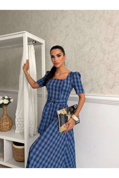 Lusin Women's Navy Blue Square Neck Plaid Patterned Belted Short Sleeve Midi ...