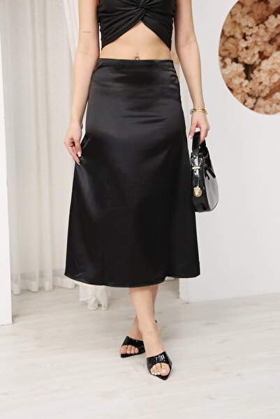 GRODYT Women's Black Satin Midi Skirt, High Waist, Elastic Waist, A-Line, Sty...