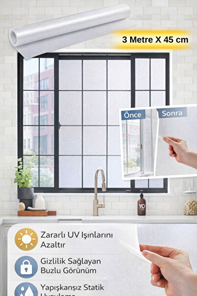 Hane Dostu Güneş Işığı Engelleyici Buzlu Cam Filmi 3 Metre x 45 CM – UV Korum...