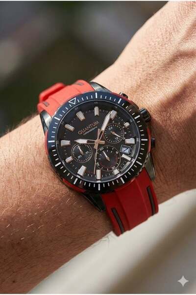 Quantum Sports Men's Wristwatch |   45mm Sport Case, Red Silicone Strap, Chro...