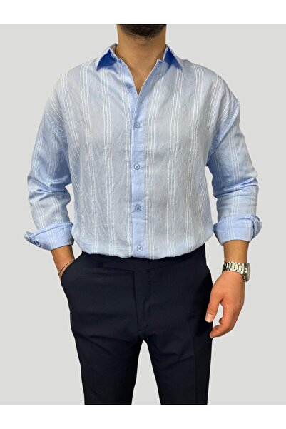 HAVANO Men's Premium Striped Oversize Shirt Eşref Tek - Baby Blue