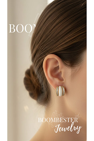 BoomBester Urora Pearl Stone Gold Earrings – Zircon Inlaid, White Enamel, Lux...