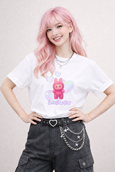 FANA Labubu Printed White Loose Fit T-Shirt – Oversize Cut 100% Cotton Women'...