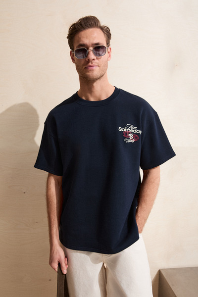 GRIMELANGE DUKI Erkek Bisiklet Yaka Organik Pamuklu Baskılı Oversıze Lacivert T-Shirt
