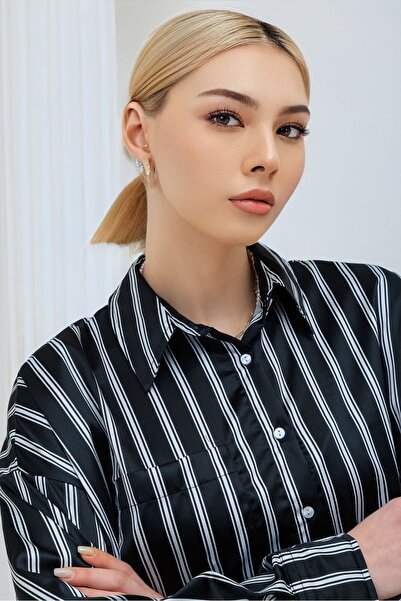Mess Trend Tarzınla Fark Yarat Black Striped Oversize Women's Shirt