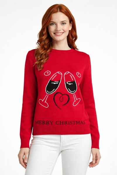 Neden Tekstil Red Goblet Patterned Merry Christmas Sweater