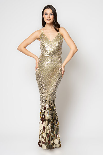 RENGIN Etek uçları büyük yuvarlak pullu payet abiye elbise