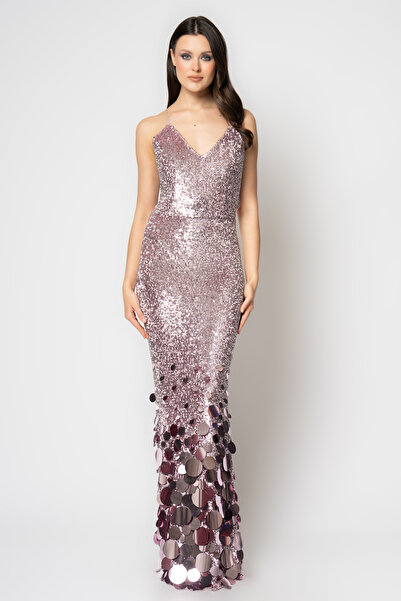 RENGIN Etek uçları büyük yuvarlak pullu payet abiye elbise