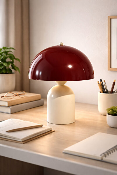 luminart Modern Mantar Abajur Bordo – Krem Şapkalı Dekoratif Masa Lambası