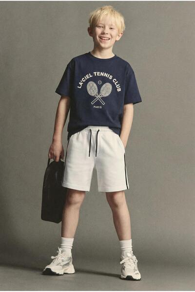 Magu Boy's Cotton Navy Blue Printed T-Shirt and White Shorts Set