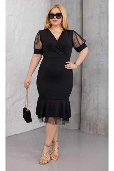 Butik Nilyam Γυναικείο φόρεμα μεγάλου μεγέθους με διπλό στριφώματο, μανίκια α...