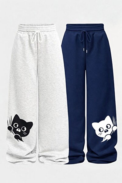 Le Vion Women's Winter Fleece Lined Loose Fit Wide Leg Oversize Navy Blue&Gra...