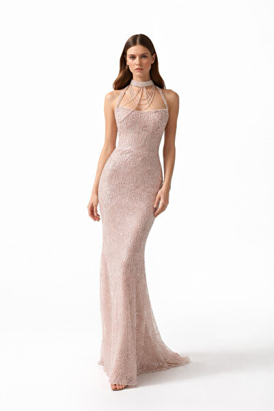 aşkın göksu Pudra Straplez Yaka Beden İnci Ve Payet Boyun Kolye Detaylı Kadın...