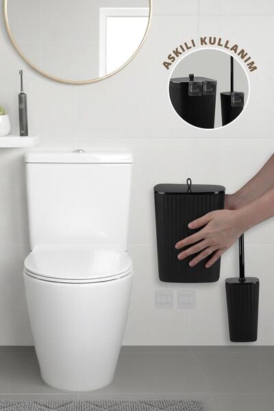 FeyzaDesign Şık Siyah Wc Fırçalık ve Çöp Kovası Seti, Banyo İçin 2'li Tasarım