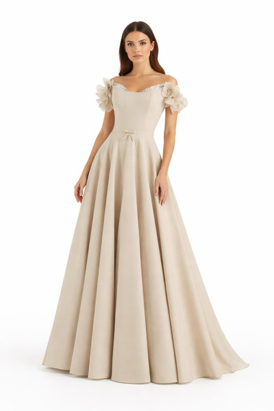 aşkın göksu Şampanya Beden Balenli Bel Kemer Ve Gül Detaylı Kadın Abiye