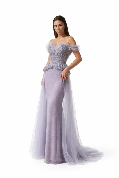 aşkın göksu LEYLAK Payet İşlemeli Büstiyerli Belden Tül Kuyruklu Kadın Abiye