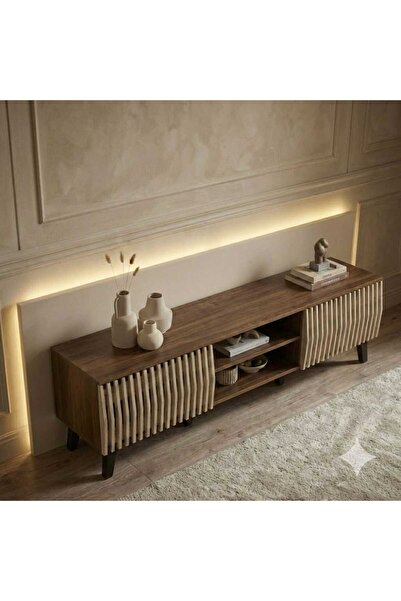 Arnohome طاولة تلفزيون خشبية بتصميم مخطط - لمسة طبيعية دافئة لغرفة المعيشة أب...