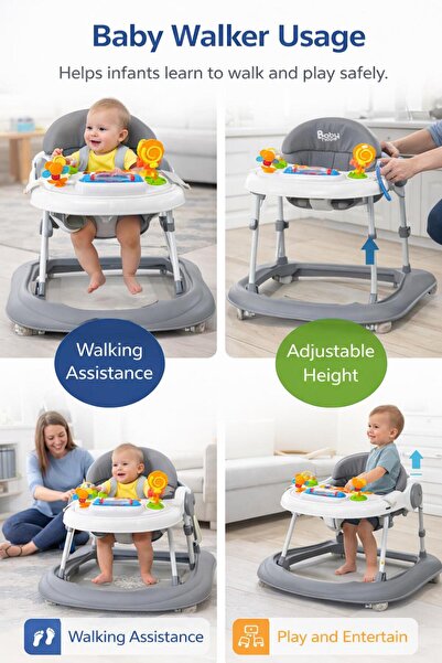 BabyHope Oyuncaklı Bebek Yürüteç Aktivite Panelli Ayarlanabilir Yükseklik Güv...