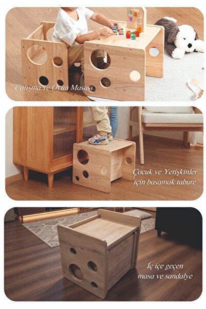 Ankebut Okul Öncesi Montessori Aktivite Çalışma Masası Takımı ve Basamaklı Ta...