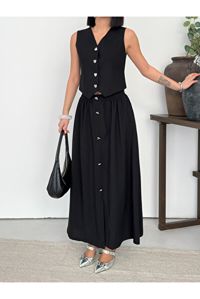 alenmoda Women's Lined Vest with Bottom and Top Buttons and Flared Skirt Set