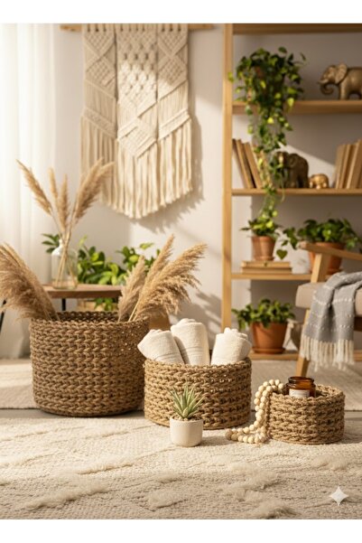 Bohem studio 3'lü Hasır Sepet / Çok Amaçlı Hasır Sepet Seti