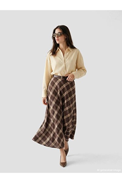 LC Waikiki Καφέ φούστα σε γραμμή Α με φερμουάρ στη μέση Καρό (S6)