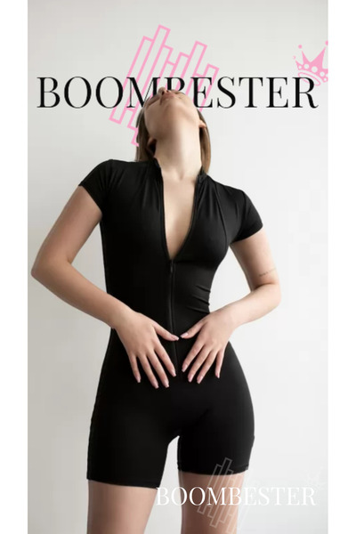 BoomBester Women's Black Zippered Slimming Sports Jumpsuit – No-Show Fit Shor...