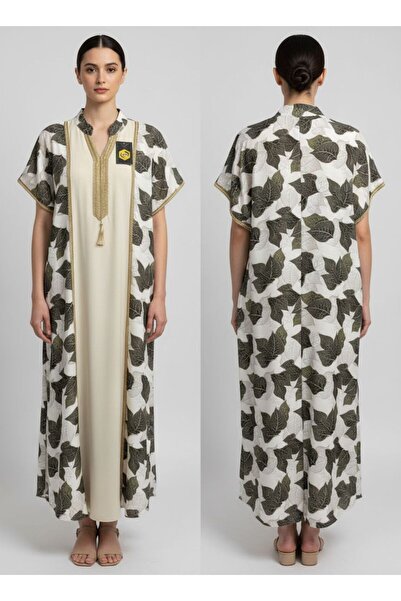 Generic White cape with olive tree patterns and a soft inner abaya in the sam...
