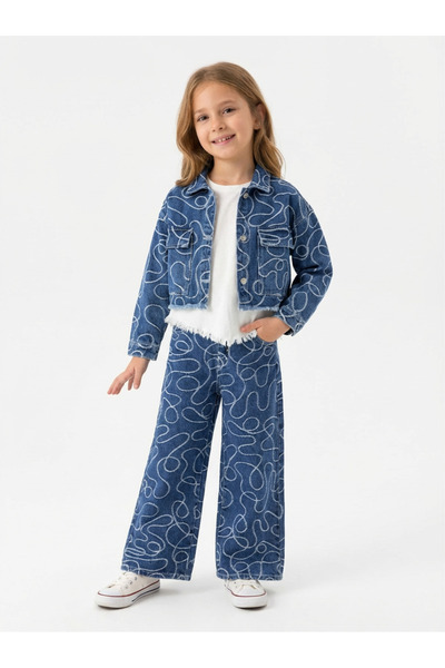 JENA Блуза и панталони от деним с бродерия за момичета 8-14 години, сини