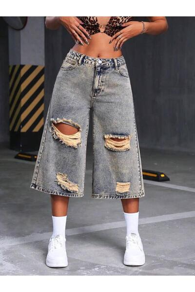 DENİKK Trend Special Washing Laser-Cut Baggy Denim Capri Roller Bermuda Shorts