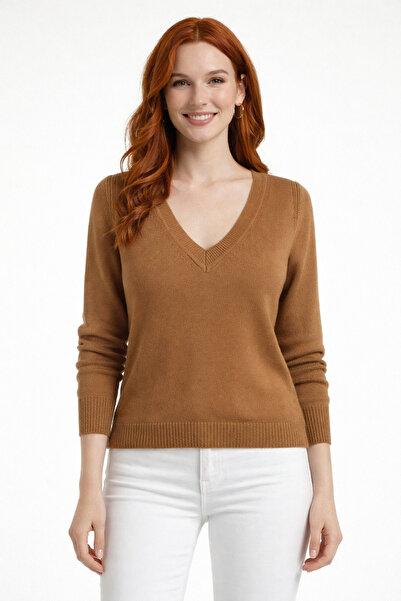 Neden Tekstil Camel V-Neck Basic Sweater