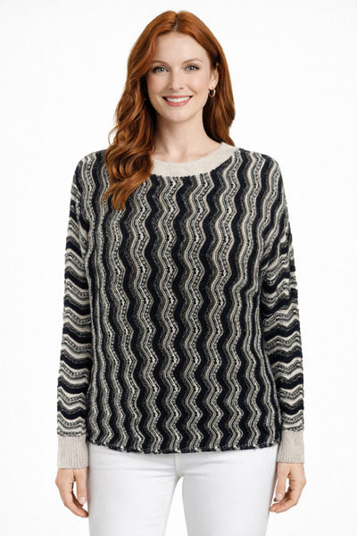 Neden Tekstil Black Ecru Wave Patterned Glittery Sweater