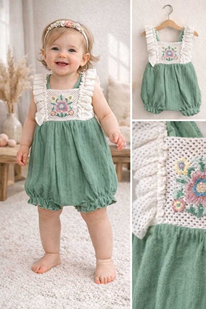 krm kerem bebe Bayramlık Yazlık Dantel İşlemeli Askılı Müslin Kız Bebek Tulum