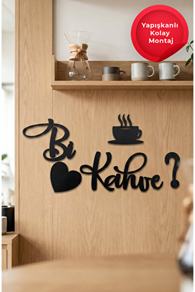 Işıl Concept Kahve Köşesi Ahşap Duvar Yazısı “Bi Kahve ?” – Siyah (30×50 cm)