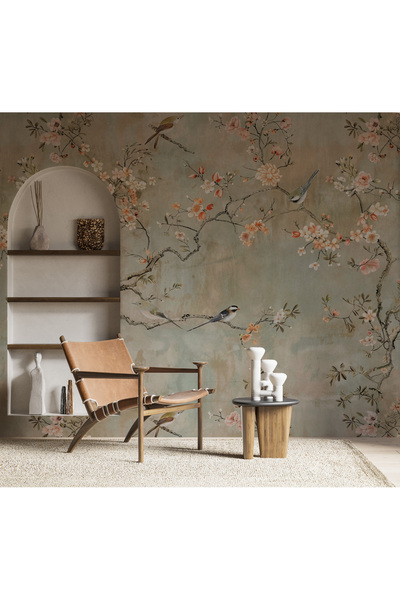 Tasarım Bahar Dalları ve Kuşlar Eskitme Konsept Chinoserie Duvar Kağıdı