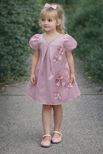 Tarz Çocuk Kız Çocuk Pudra Pembe Çiçek Aplikeli Abiye Elbise 4-5-6-7 Yaş Özel...