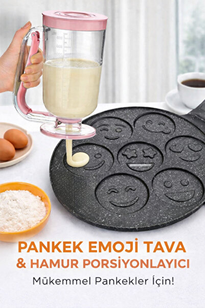 ROYALGROSS Döküm Emoji Pankek Tavası ve Pembe Hamur Porsiyonlayıcı Seti – Şek...