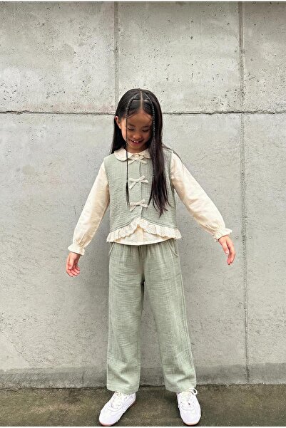 Magu Set 3 piese pentru fete: cămașă și pantaloni din bumbac, culoare mentă -...