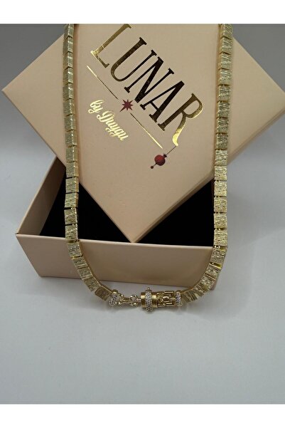 LUNAR by Duygu 14 K Zirkon Taşlı Kapama Detaylı Yassı Ezme VIP Çelik Gold Kolye