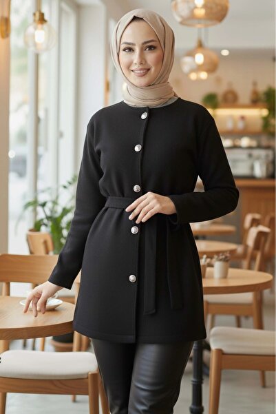 DAS KLEID Tied Buttoned Short Cashmere Coat Black