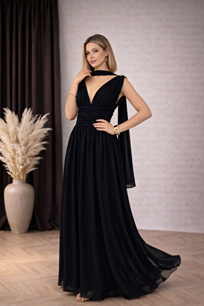 Rabia Çelik Kadın Fular Detaylı Omuzları Gold Aksesuarlı Uçuş Uçuş Askılı Max...