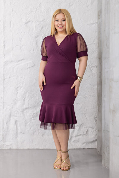 Madwilo Women's Purple Double-Breasted Dress with Tulle Detail on Sleeves and...