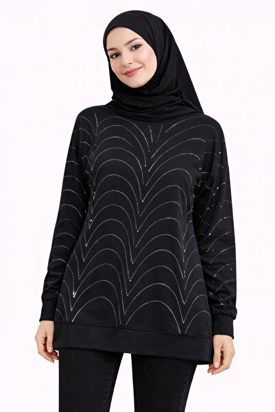 MİRA BUTİK Women's Side Slit Black Wave Patterned Stone Embroidered Long Slee...